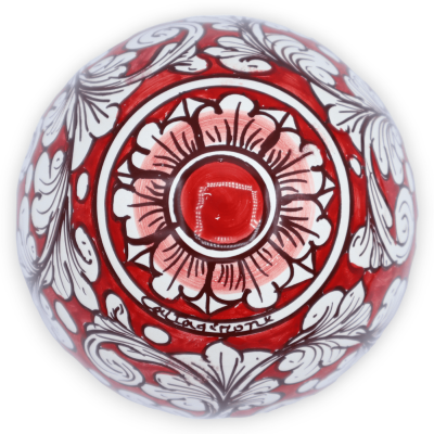 Caltagirone keramisch ei, witte barokke decoratie op een rode achtergrond, h 15 cm en Ø 13 cm ca. Mod TD - 