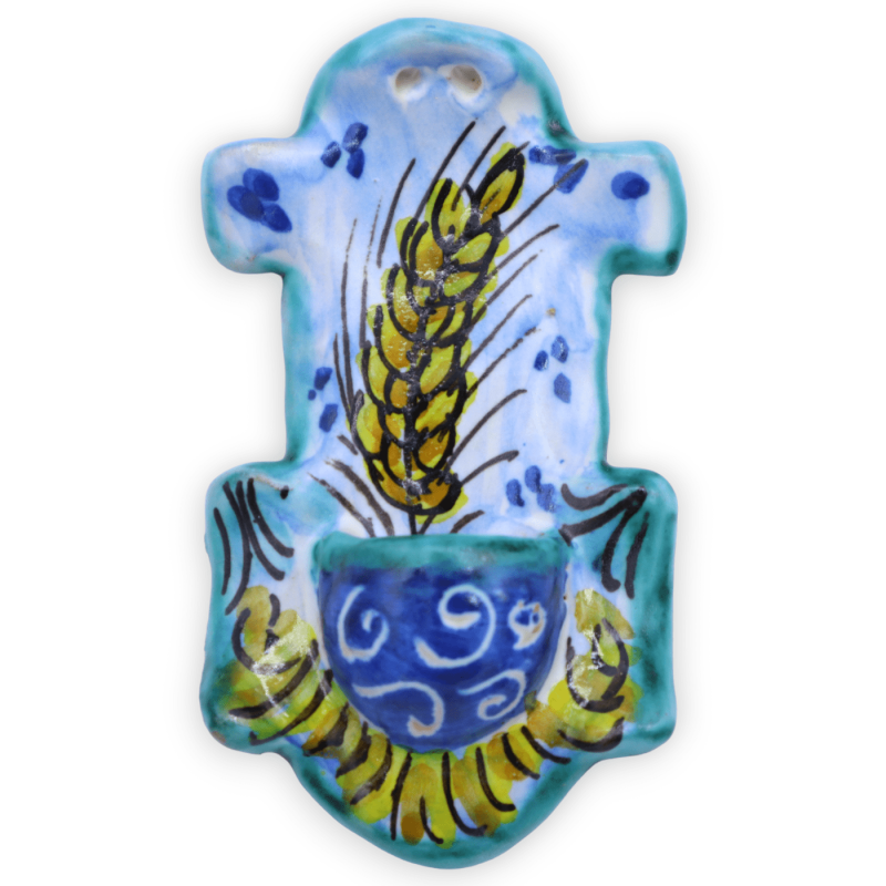 Acquasantiera (1Unità) in ceramica Siciliana a forma di croce, h 10 cm x L 5 cm ca. decoro e colore casuale - 