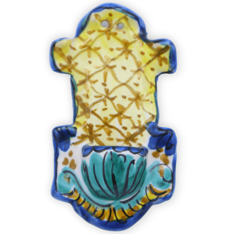 Acquasantiera (1Unità) in ceramica Siciliana a forma di croce, h 10 cm x L 5 cm ca. decoro e colore casuale - 
