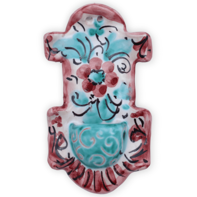 Acquasantiera (1Unità) in ceramica Siciliana a forma di croce, h 10 cm x L 5 cm ca. decoro e colore casuale - 