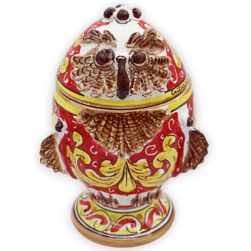 Caixa porta-joias ovo Coruja em cerâmica Caltagirone, decoração barroca sobre fundo vermelho, altura 18 cm aprox. CAN mo