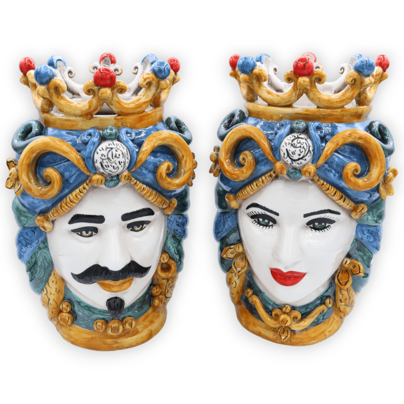 Testa di Moro con corona e turbante in ceramica Caltagirone, ricca di applicazioni, h 28 cm ca. - 