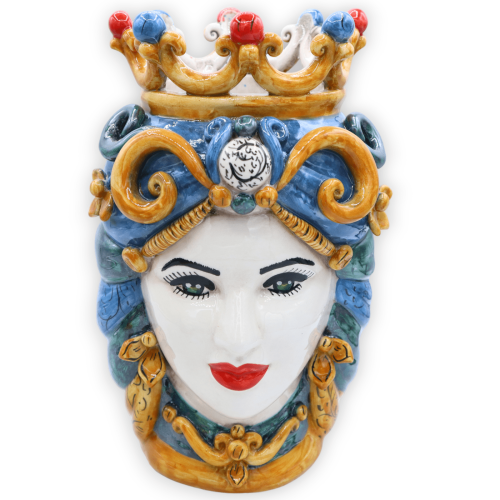 Tête de maure avec couronne et turban en céramique de Caltagirone, riche en applications, environ h 28 cm.