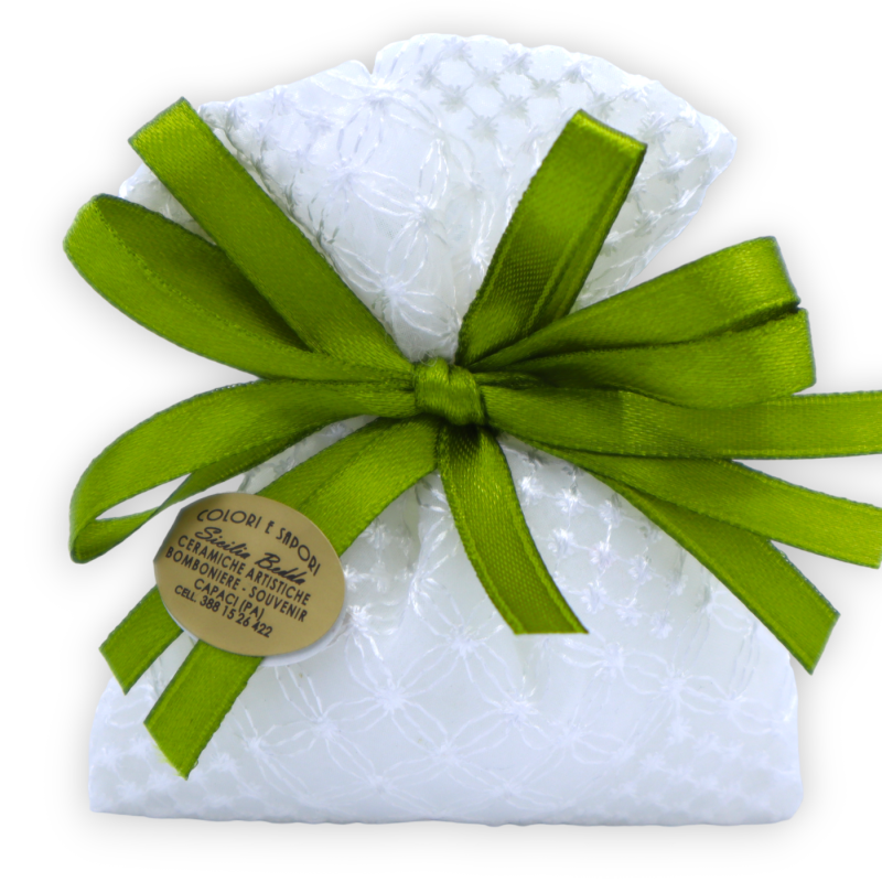 White Embroidered Organza Bag, with Double Satin Ribbons, 5 Confetti inside - Size: L 14 X H 13 cm - 