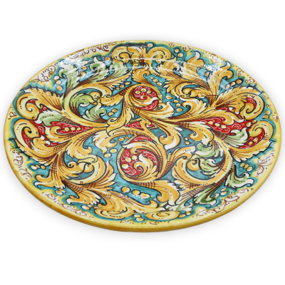 Prydnadsfat i Caltagirone keramik, barock och blomdekor på grön och röd botten, Ø 45 cm ca. Mod BR - 