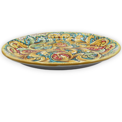 Talerz ozdobny z ceramiki Caltagirone, dekoracja barokowa i kwiatowa na zielonym i czerwonym tle, Ø 45 cm ok. Mod BR - 
