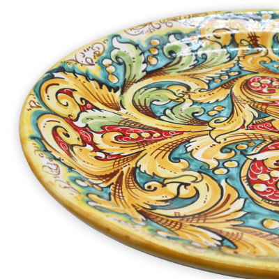 Talerz ozdobny z ceramiki Caltagirone, dekoracja barokowa i kwiatowa na zielonym i czerwonym tle, Ø 45 cm ok. Mod BR - 
