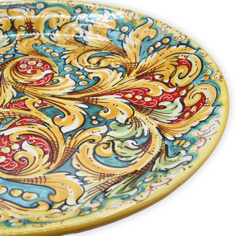 Talerz ozdobny z ceramiki Caltagirone, dekoracja barokowa i kwiatowa na zielonym i czerwonym tle, Ø 45 cm ok. Mod BR - 