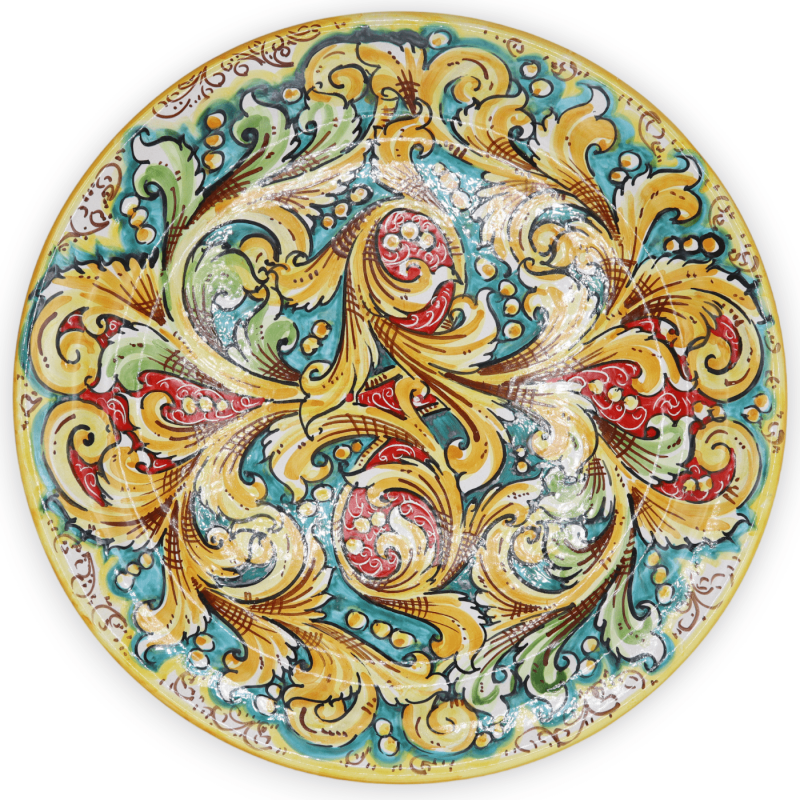 Ornamental plate in Caltagirone ceramic, baroque and floral decoration on a green and red background, Ø 45 cm approx. Mo