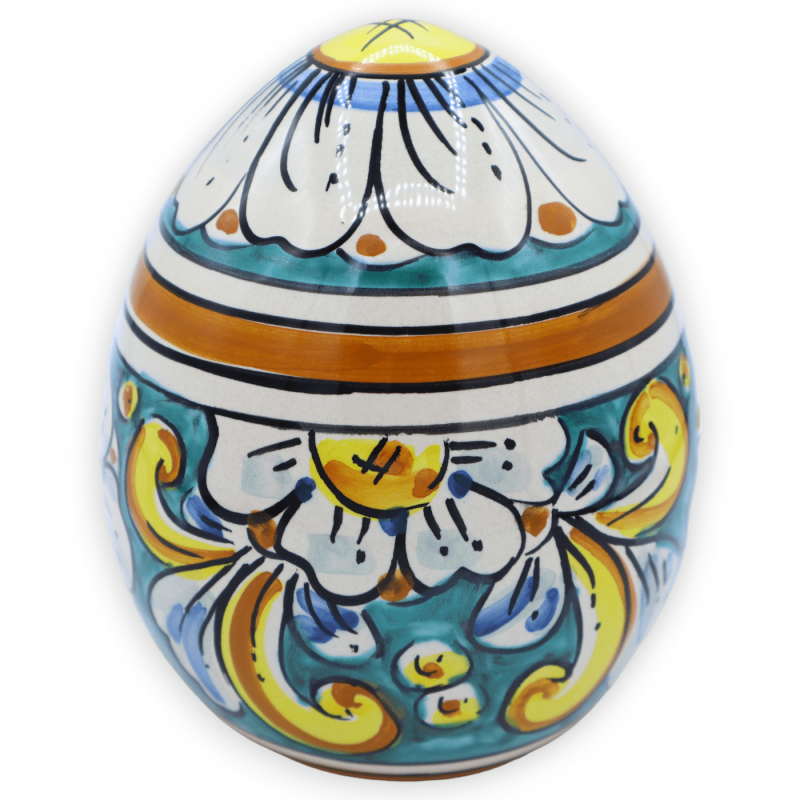 Caltagirone ceramic egg, baroque decoration on verdigris background, h 15 and Ø 13 cm approx. FL mod - 