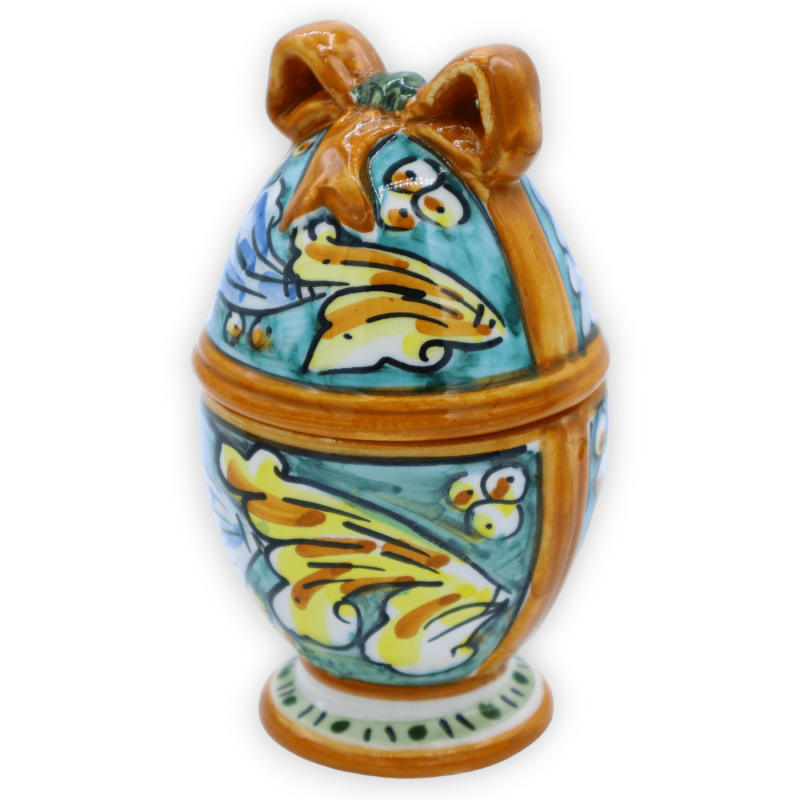Ei-Schmuckkästchen mit Caltagirone-Keramikband, H 13 und Ø ca. 7 cm. (1 Stück) zufällige Dekoration und Farbe - 