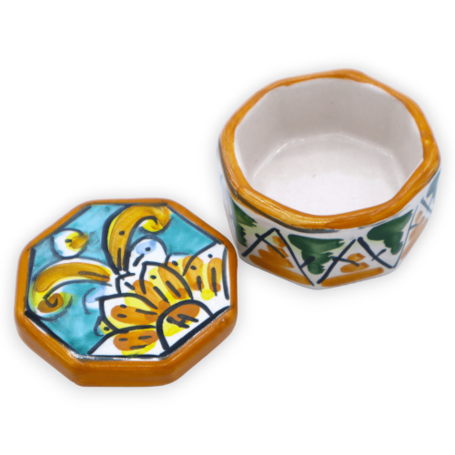Caltagirone-Keramik-Schmuckkästchen, achteckige Form, H 4 x B 5 cm ca. zufällige Dekoration und Farbe -  2