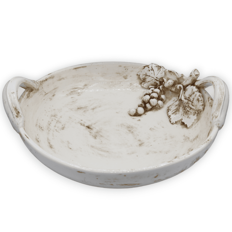 Centrotavola in pregiata ceramica con manici, Bianco Antico e applicazioni di uva e foglie, Ø 40 cm ca. - 