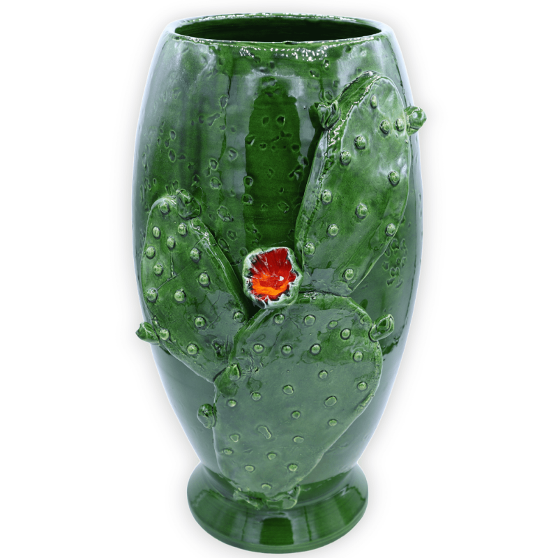 Vaso in pregiata ceramica con applicazione di pala di ficodindia - h 40 cm e Ø 23 cm ca. - 