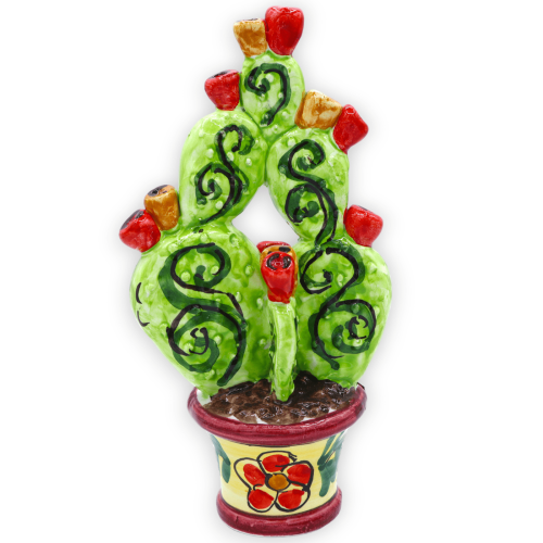 Vaso con pianta di ficodindia in ceramica Caltagirone, h 20 e l 11 cm ca. (1Unità) in vari decori -  2