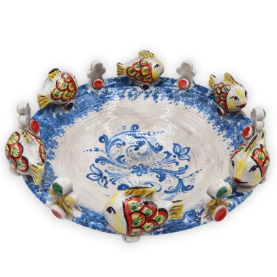 Centro de mesa em cerâmica Caltagirone com peixe torneado e decoração a azul do século XVII, Ø 30 cm aprox. modo rp - 