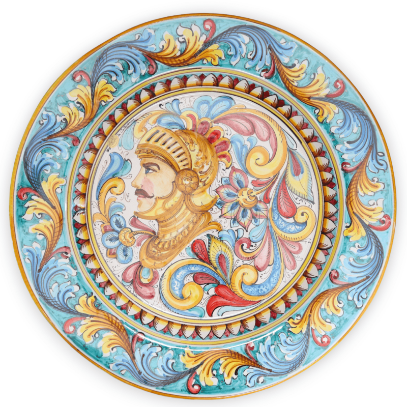 Ornamental plate in Caltagirone ceramic, paladin decoration in baroque style on a verdigris background, Ø 55 cm approx. 