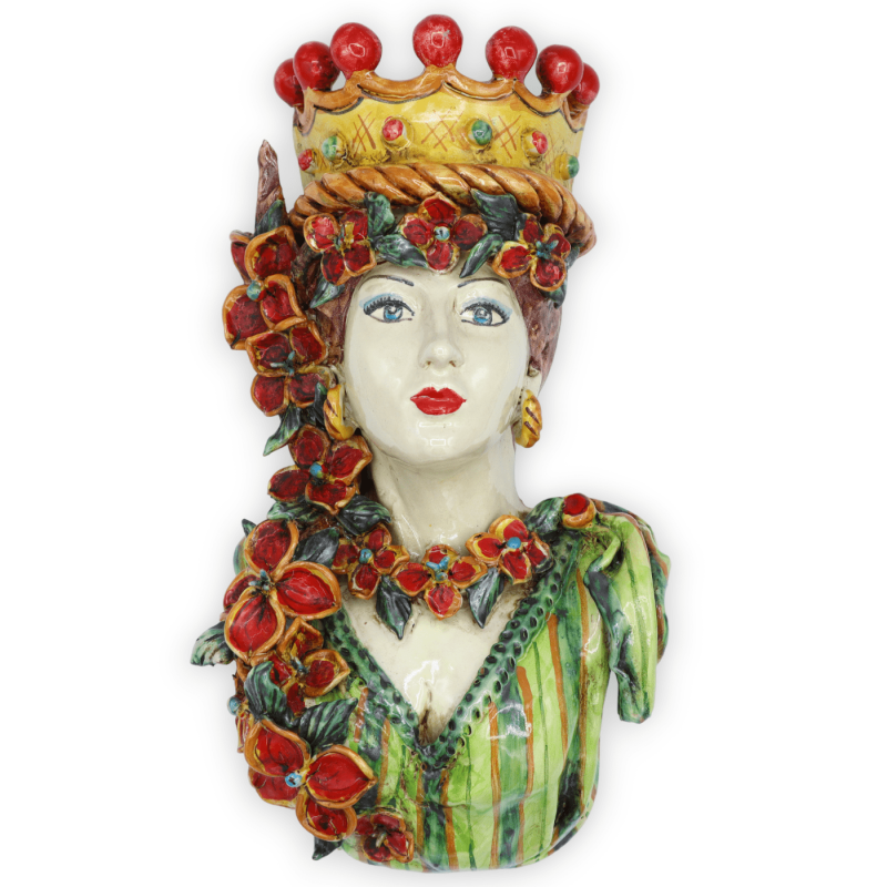 Buste mural de femme avec couronne et fleurs (à accrocher) céramique de Caltagirone, h environ 35 cm. - 