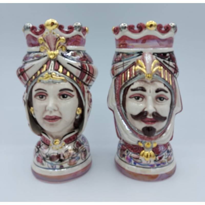 Pair of Caltagirone Moro Heads with Mother of Pearl enamel, Zecchino Gold and Platinum – Height 18 cm - 