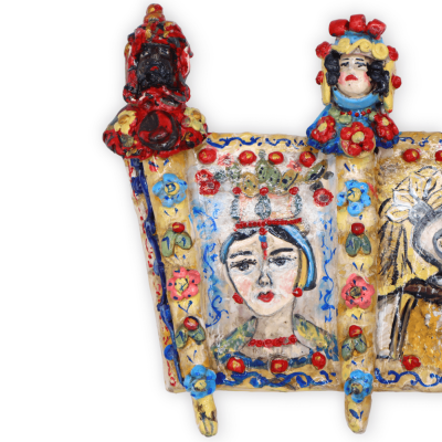 Side of a Sicilian Cart in precious ceramic, with applications and decorations of a woman and a paladin, h 19 and l 24 c