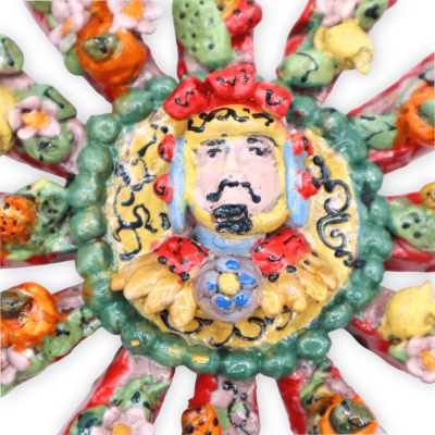 Sicilian cart wheel in fine ceramic, with applications of fruit and flowers on a red background, Ø 37 cm approx. - 