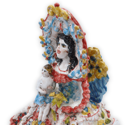 Matrangela porta candela, lumiera in pregiata ceramica siciliana, con decori in rilievo - h 27 cm ca. - 