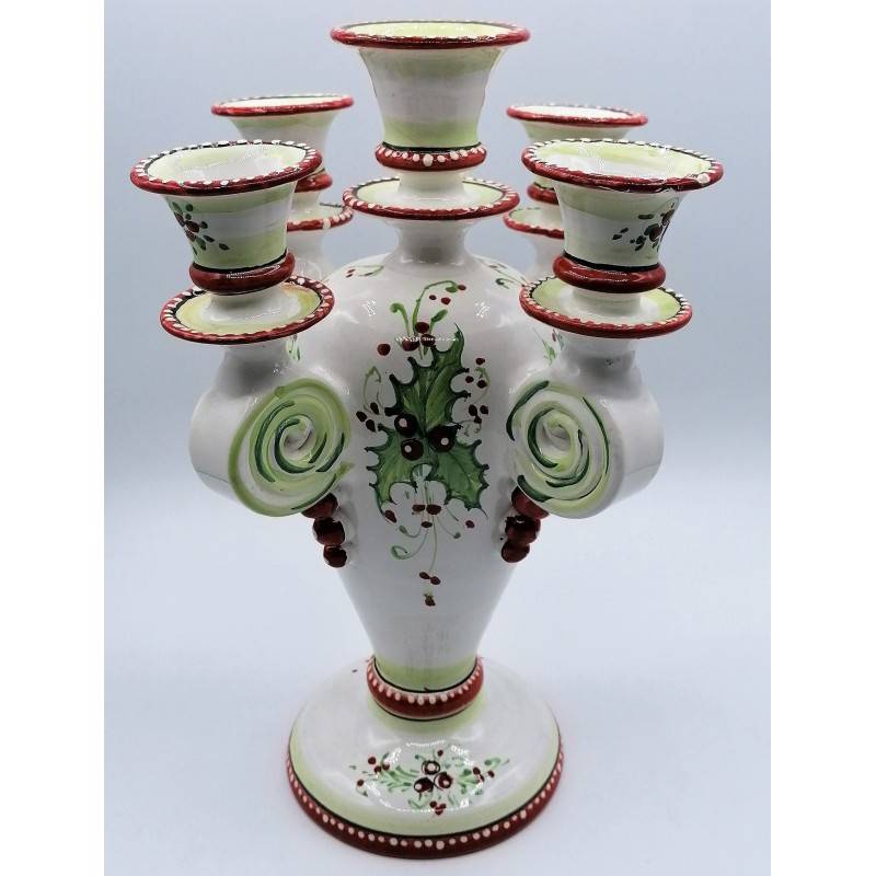 Candelabro a 5 Fuochi in pregiata ceramica siciliana con decoro Natale - Misure h35x20 cm - 