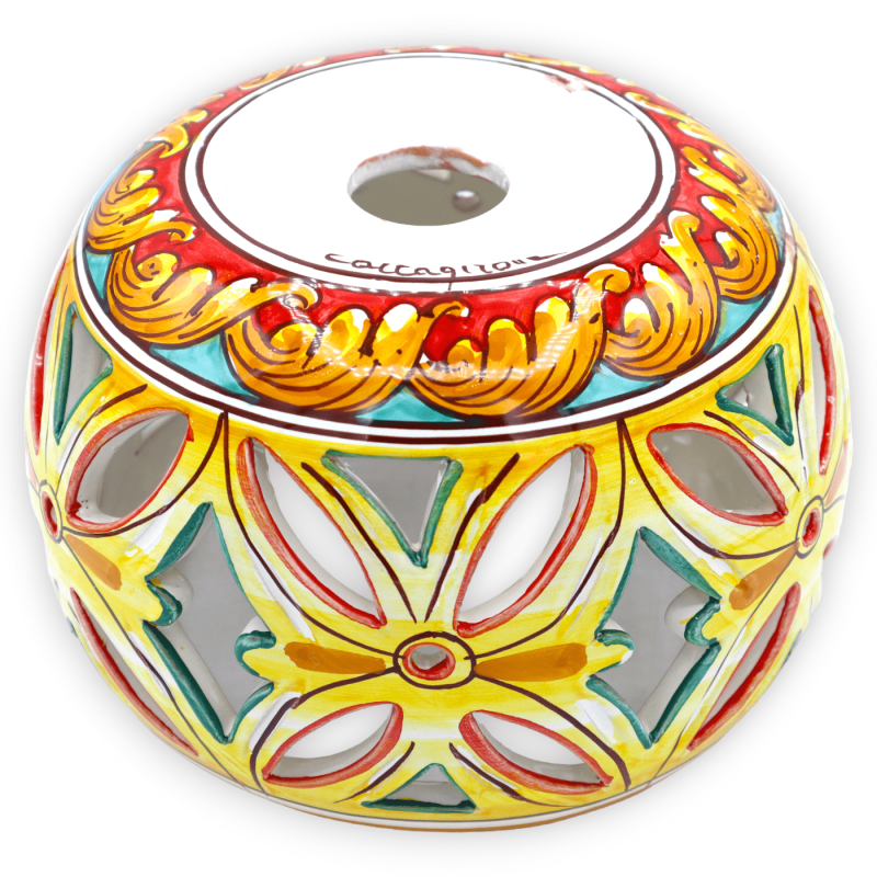 Araña perforada en cerámica Caltagirone, decoración barroca con fondo rojo y verde - Ø 22 cm h 15 cm aprox. Mod TD - 