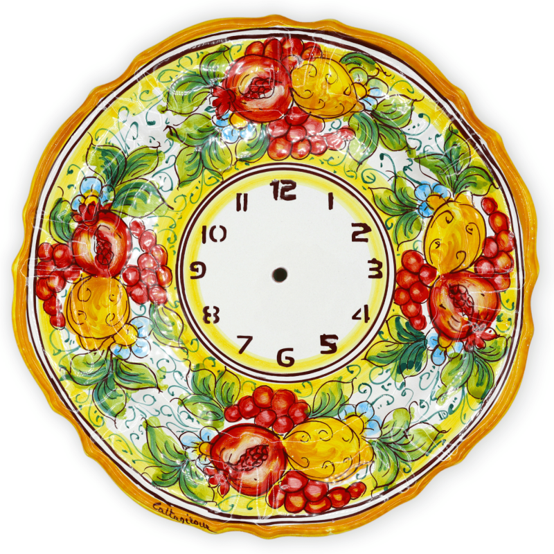 Horloge festonnée en céramique Caltagirone - Ø environ 30 cm Complet avec décoration d'engrenage, de citron, de raisin e