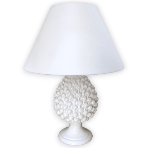 Tannenzapfenlampe aus 100 % handgefertigter Caltagirone-Keramik, reinweiße Farbe – ca. H 55 cm. NT-Mod - 