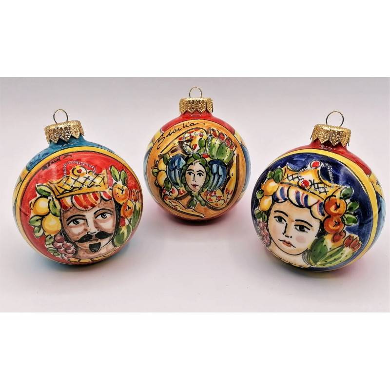 Caltagirone Christmas ball with Moor's Heads and Trinacria decoration - diameter about 8 cm - 
