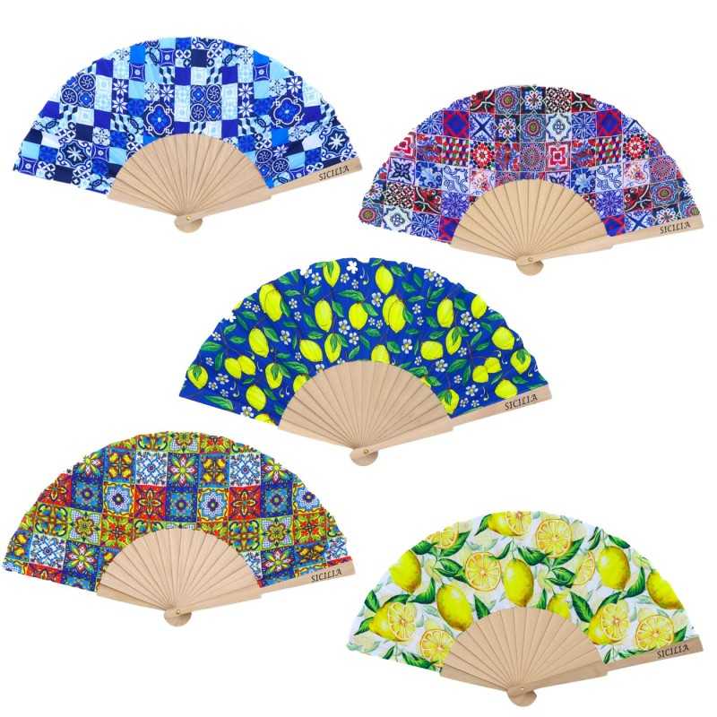 Wooden fan with decorated fabric, in five decoration options - (1pc) - 