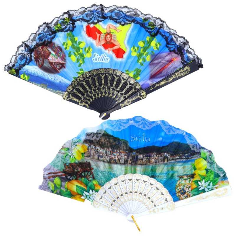 Plastic fan with lace, in two color options and random decoration (1pc) - 