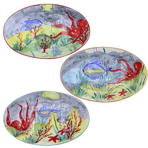 Plateau de service ovale en céramique fine, avec trois options de décoration, L 48 cm x h 30 cm environ. (1 pc) - 