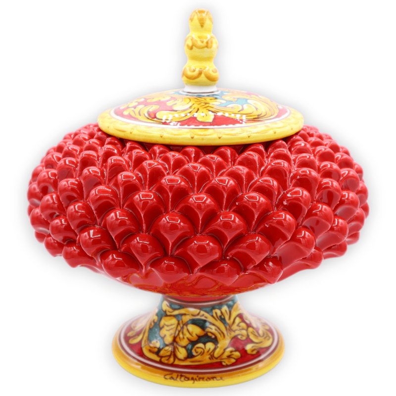 Biscottiera Pigna con gambo in ceramica Caltagirone, rossa con decoro barocco - Ø 25 cm e h 25 cm ca. - 
