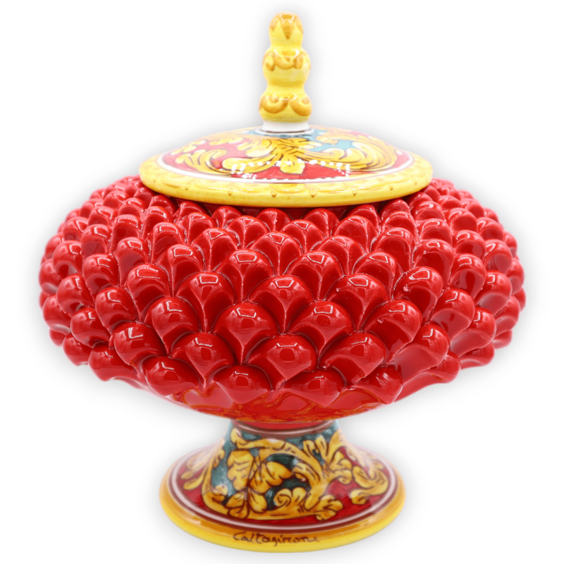 Pigna koekjespot met steel in Caltagirone keramiek, h 30 x Ø 25 cm ca. Rode, barokke decoratie - 
