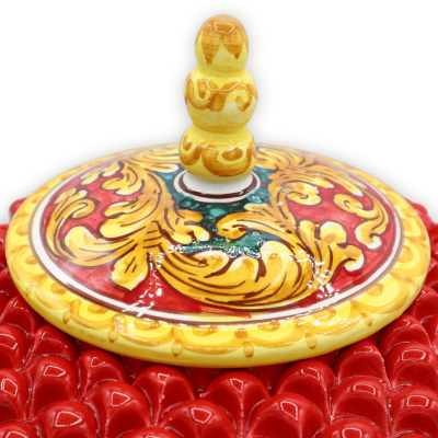 Pigna biscuit jar with stem in Caltagirone ceramic, h 30 x Ø 25 cm approx. Red, baroque decoration - 