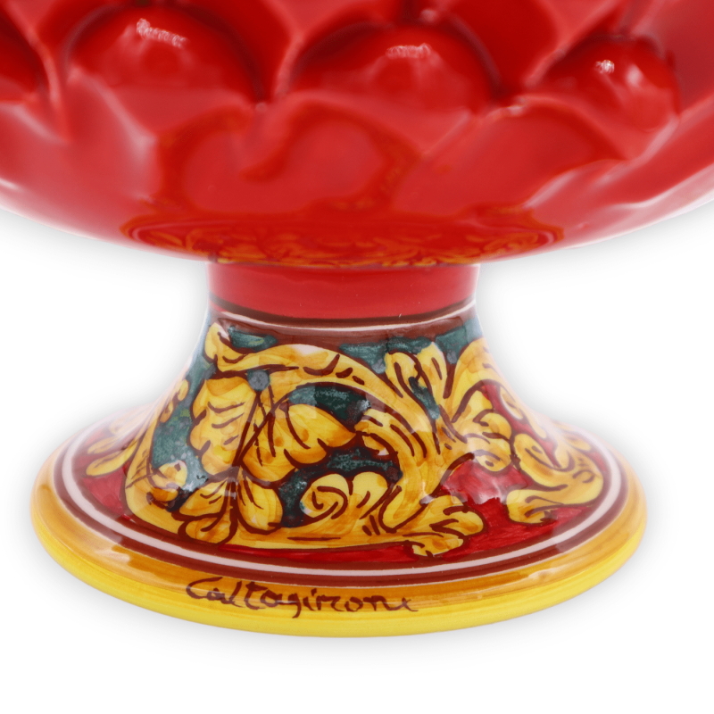 Pigna biscuit jar with stem in Caltagirone ceramic, h 30 x Ø 25 cm approx. Red, baroque decoration - 