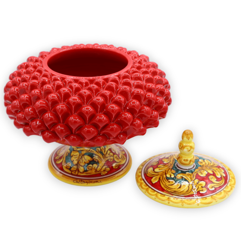 Pigna biscuit jar with stem in Caltagirone ceramic, h 30 x Ø 25 cm approx. Red, baroque decoration - 