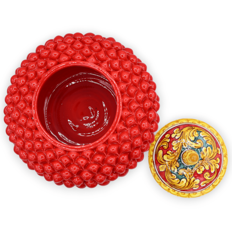Pigna biscuit jar with stem in Caltagirone ceramic, h 30 x Ø 25 cm approx. Red, baroque decoration - 