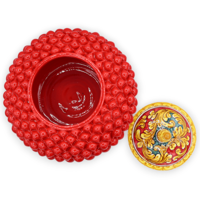 Pigna biscuit jar with stem in Caltagirone ceramic, h 30 x Ø 25 cm approx. Red, baroque decoration - 