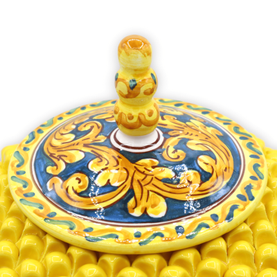 Frasco de biscoito Pigna com haste, cerâmica Caltagirone, h 30 x Ø 25 cm aprox. Decoração amarela e barroca sobre fundo 