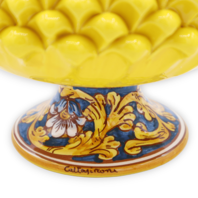 Biscottiera Pigna con gambo, ceramica Caltagirone, h 30 x Ø 25 cm ca. Giallo, decoro barocco su fondo blu e fiore - 