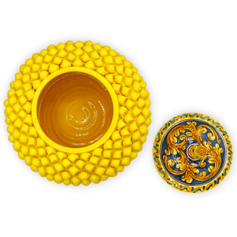 Frasco de biscoito Pigna com haste, cerâmica Caltagirone, h 30 x Ø 25 cm aprox. Decoração amarela e barroca sobre fundo 
