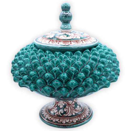 Frasco de biscoito Pigna com haste, cerâmica Caltagirone, h 30 x Ø 25 cm aprox. Verderame, decoração barroca branca sobr