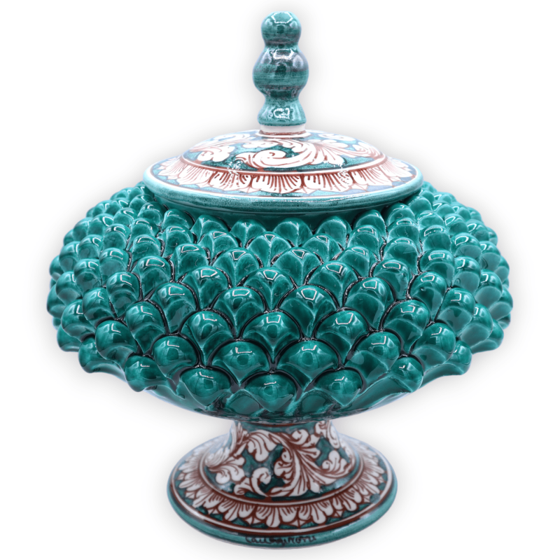 Pigna biscuit jar with stem in Caltagirone ceramic, verdigris with baroque decoration - Ø 25 cm and h 25 cm approx. - 