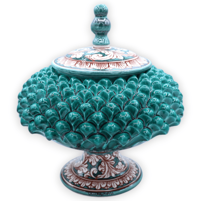 Frasco de biscoito Pigna com haste, cerâmica Caltagirone, h 30 x Ø 25 cm aprox. Verderame, decoração barroca branca sobr