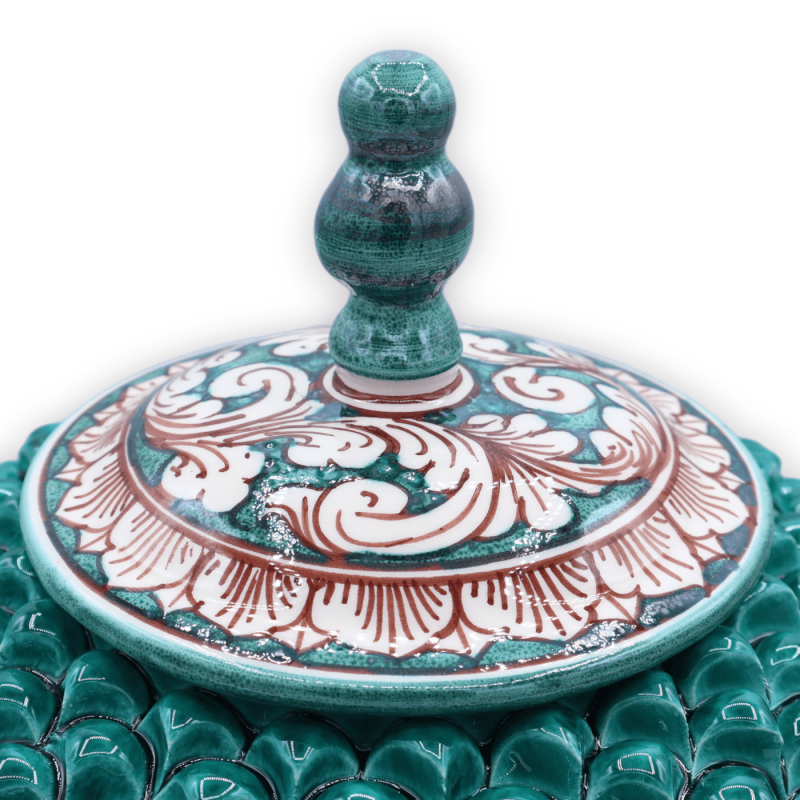 Frasco de biscoito Pigna com haste, cerâmica Caltagirone, h 30 x Ø 25 cm aprox. Verderame, decoração barroca branca sobr