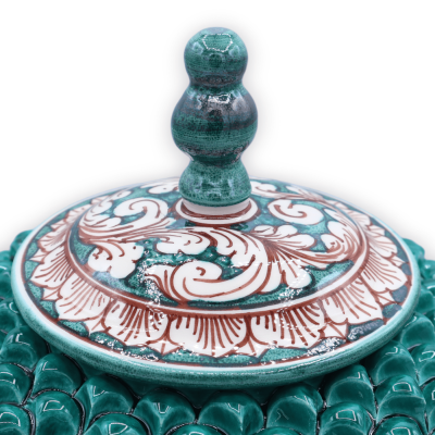 Tarro para galletas Pigna con pie, cerámica Caltagirone, h 30 x Ø 25 cm aprox. Verderame, decoración barroca blanca sobr