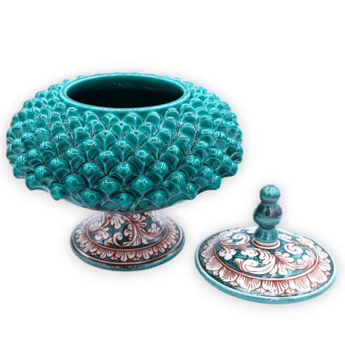 Pigna kexburk med stjälk, Caltagirone keramik, h 30 x Ø 25 cm ca. Verderame, vit barockdekor på grön bakgrund -  2